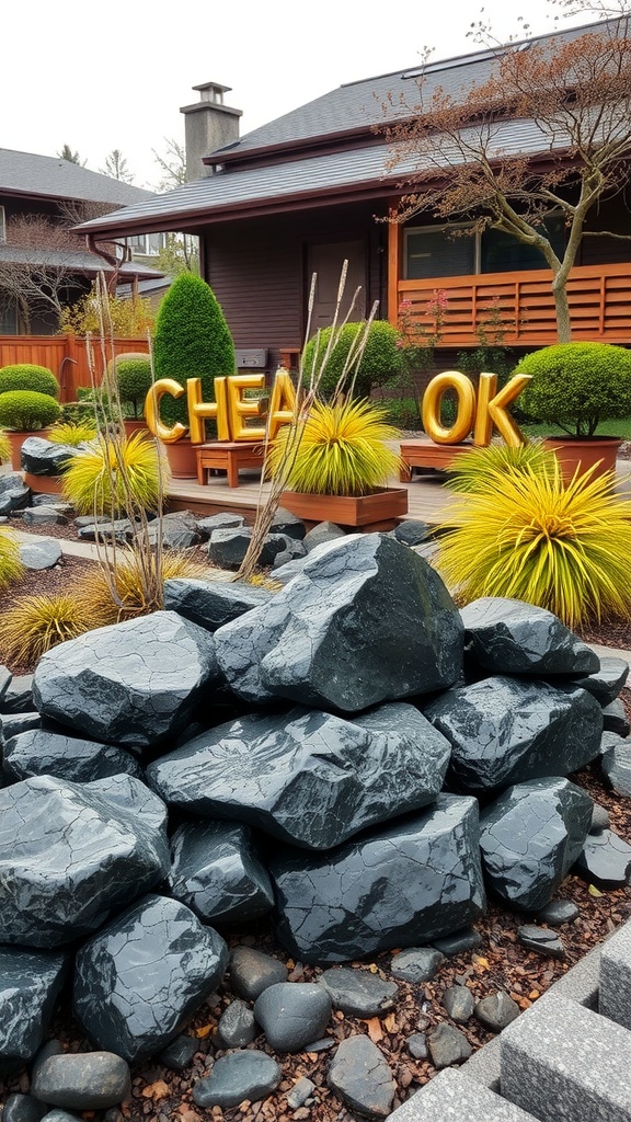 A decorative garden featuring shiny black rocks, vibrant yellow plants, and playful golden letters.