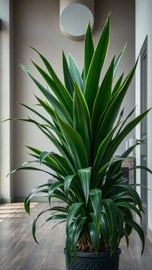 A tall Dracaena Marginata plant with long dark green leaves in a modern indoor setting.