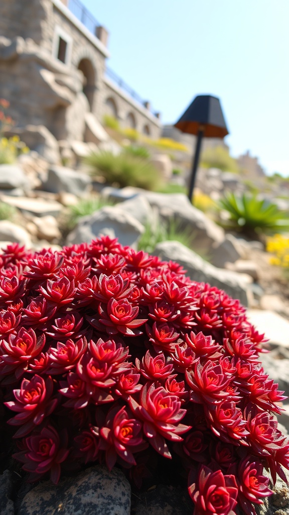 A cluster of Dragon's Blood Sedum with deep red leaves growing among rocks in a garden setting