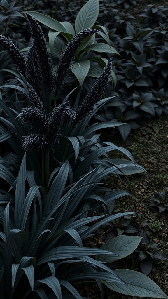 A gothic garden featuring dramatic foliage with dark, feathery plants and lush green leaves.