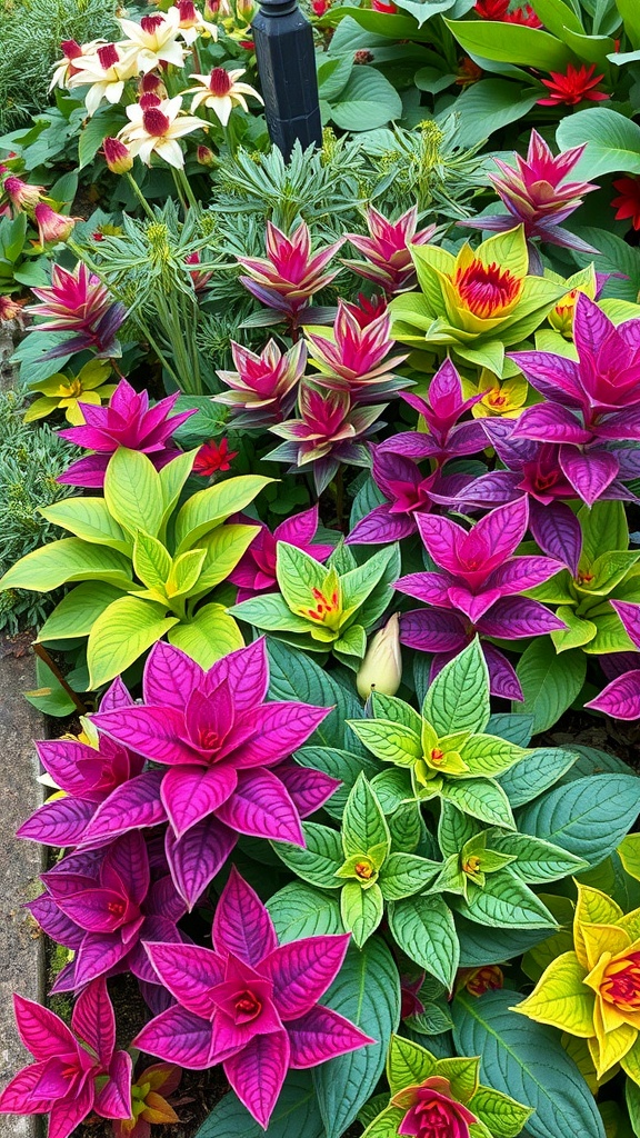 A colorful display of dramatic foliage varieties in a garden, featuring vibrant pink and yellow leaves among green plants.