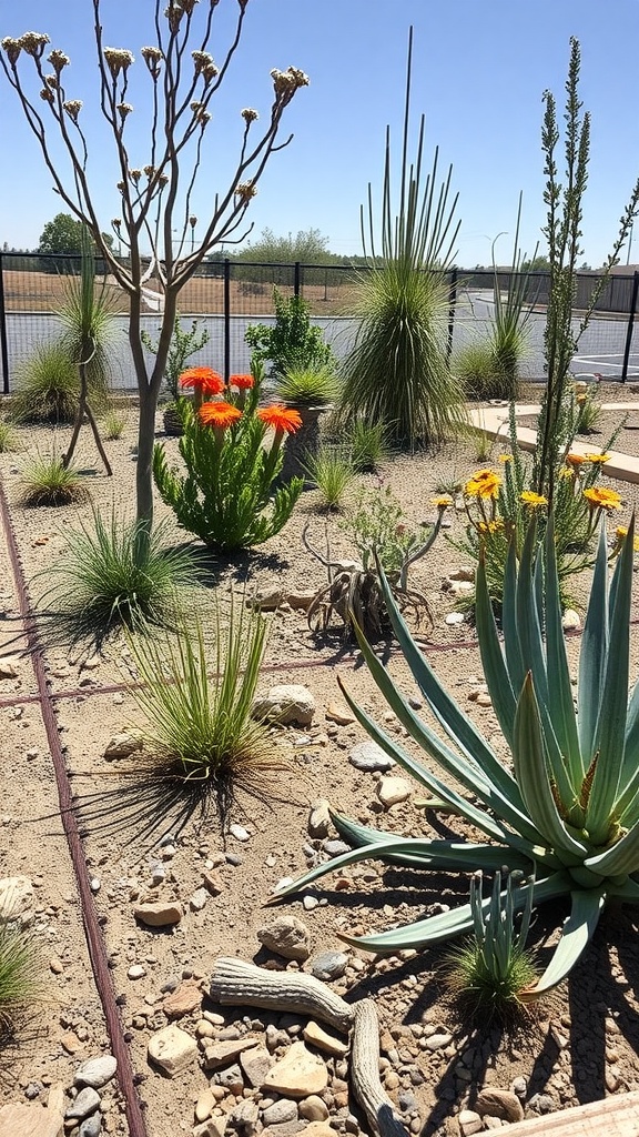 A drought-tolerant rain garden featuring various plants and flowers, including tall spiky plants and bright orange flowers, set against a clear blue sky.