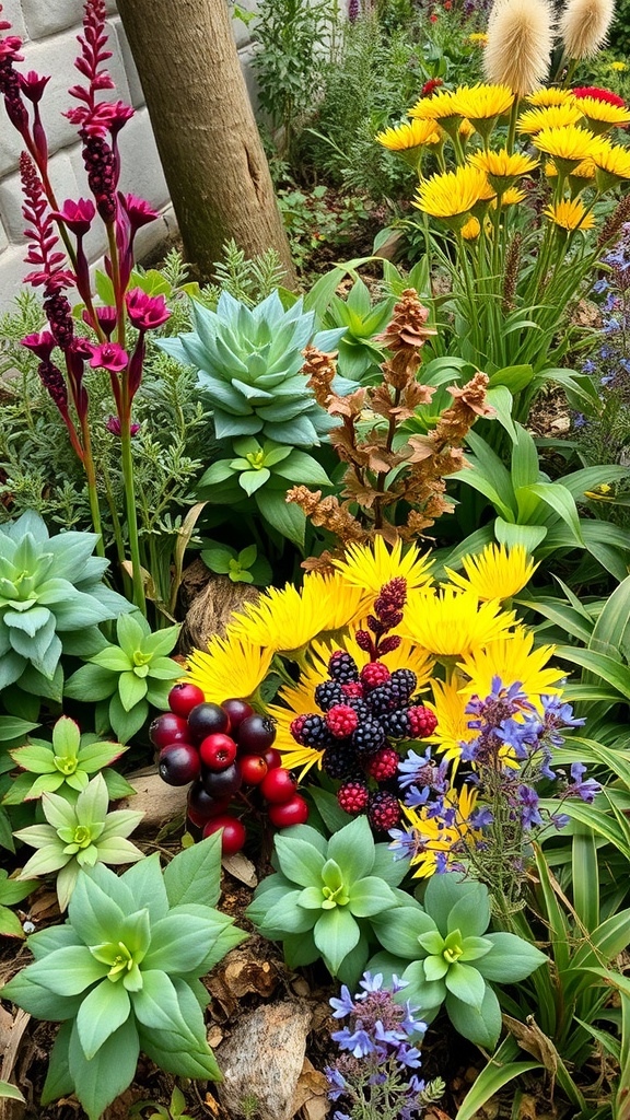 A colorful rain garden featuring a variety of edible plants such as berries, succulent greens, and vibrant flowers.