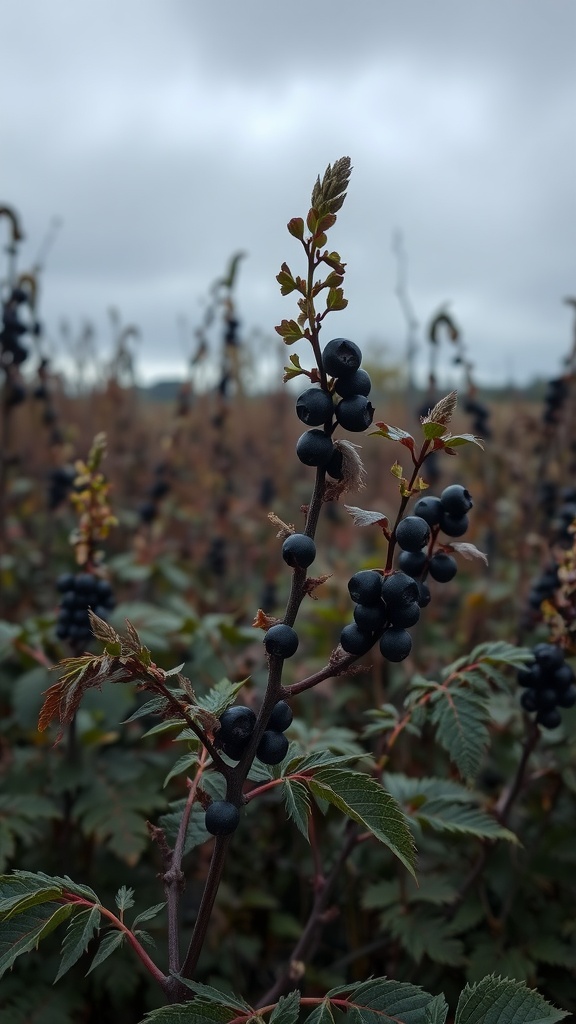 Clusters of dark elderberries among green leaves under a cloudy sky.