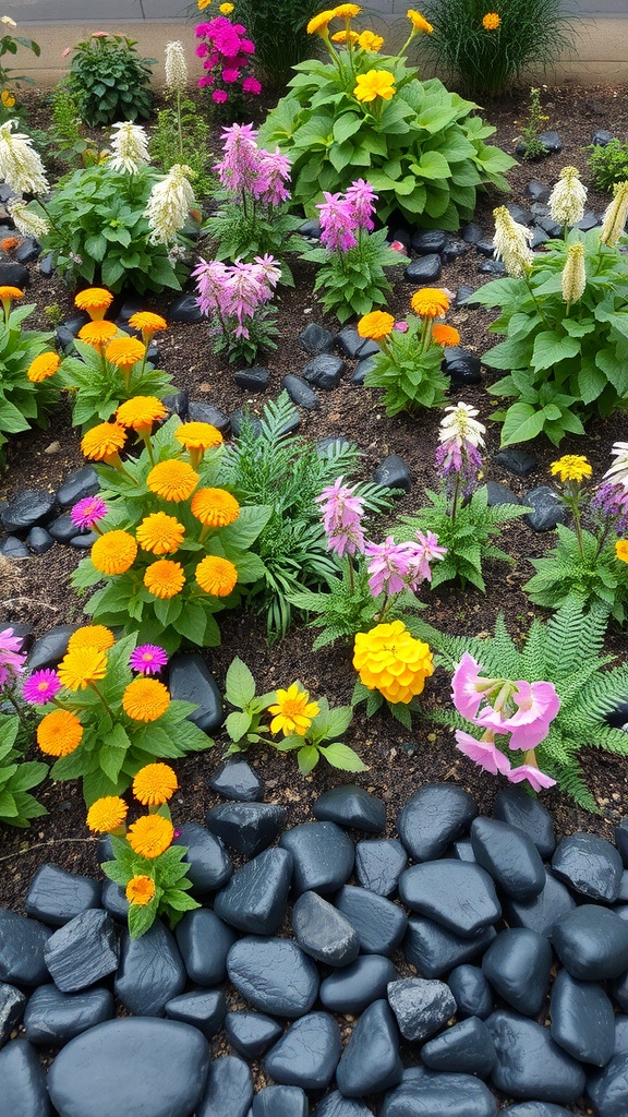 Colorful flowers bordered by black stones in a garden setting