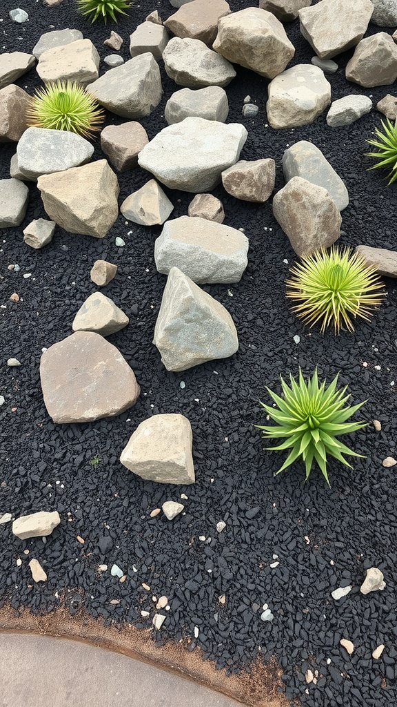 A rock garden featuring various stones and green plants with black mulch covering the ground.