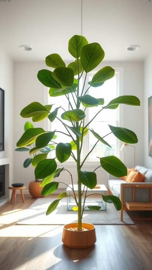 A tall Fiddle Leaf Fig plant in a bright living room, showcasing its large green leaves.