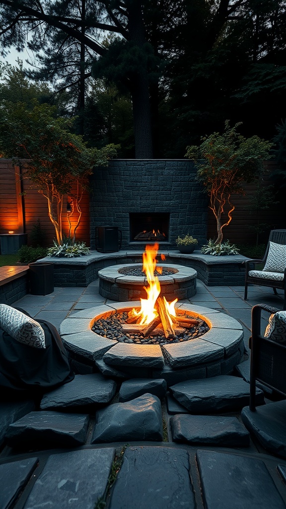 A fire pit surrounded by black stones with tree backdrops and ambient lighting.