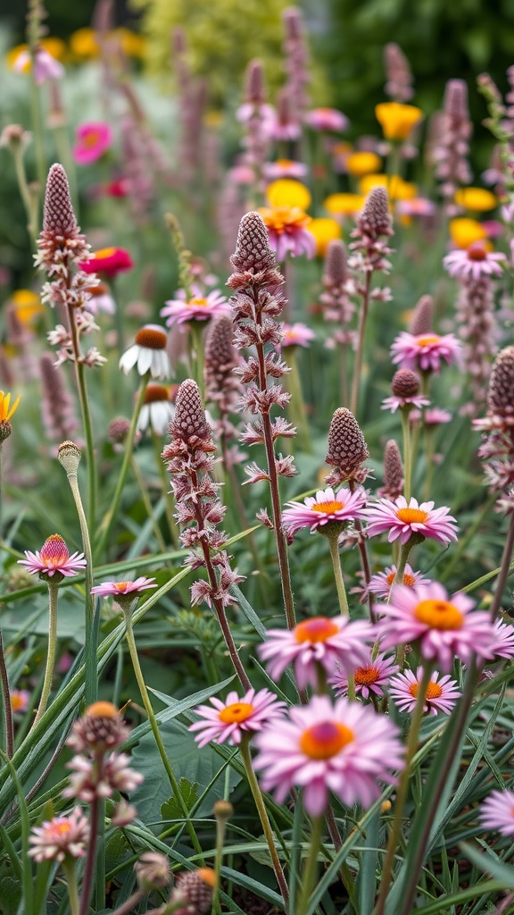 A vibrant garden filled with pink and yellow flowers, showcasing fragrant perennials.