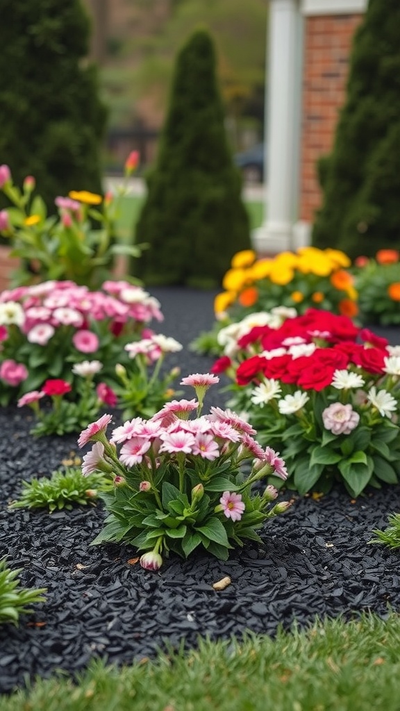 Colorful flowers surrounded by black mulch in a landscaped garden