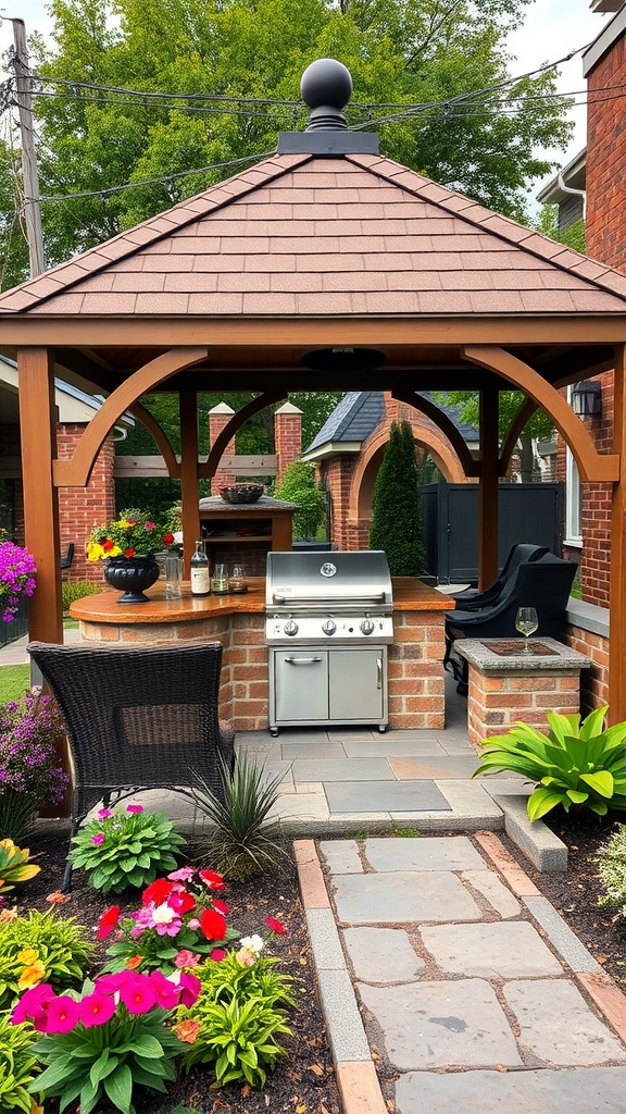 An outdoor kitchen set up in a gazebo with a grill and seating surrounded by flowers.