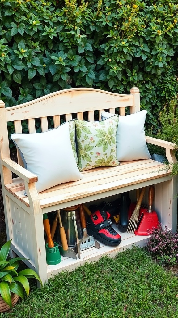 A garden storage bench with cushions and tools stored underneath