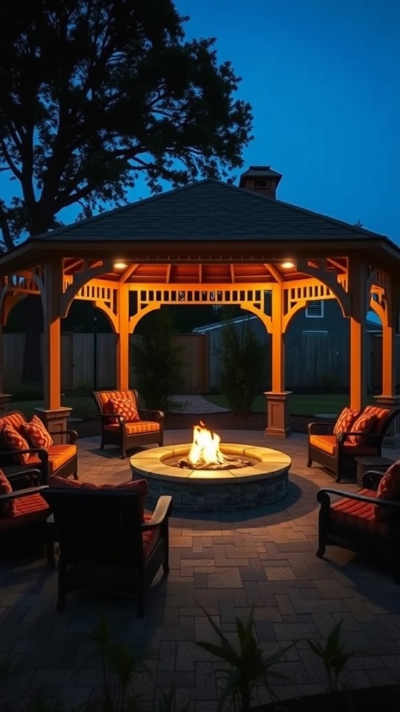 Gazebo with fire pit at night, featuring cozy seating around a glowing fire.