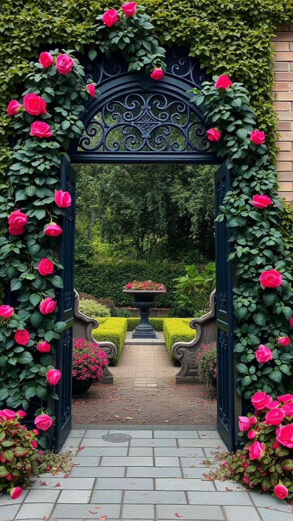 A Gothic-style archway covered in pink roses leading to a garden.