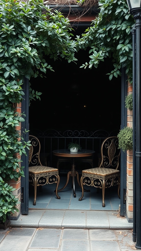A gothic-inspired seating area with two ornate chairs and a small table, framed by lush green vines.