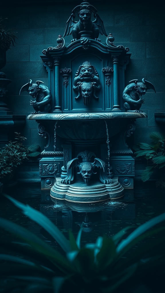 A gothic-style water fountain adorned with gargoyles and intricate carvings, surrounded by lush greenery.