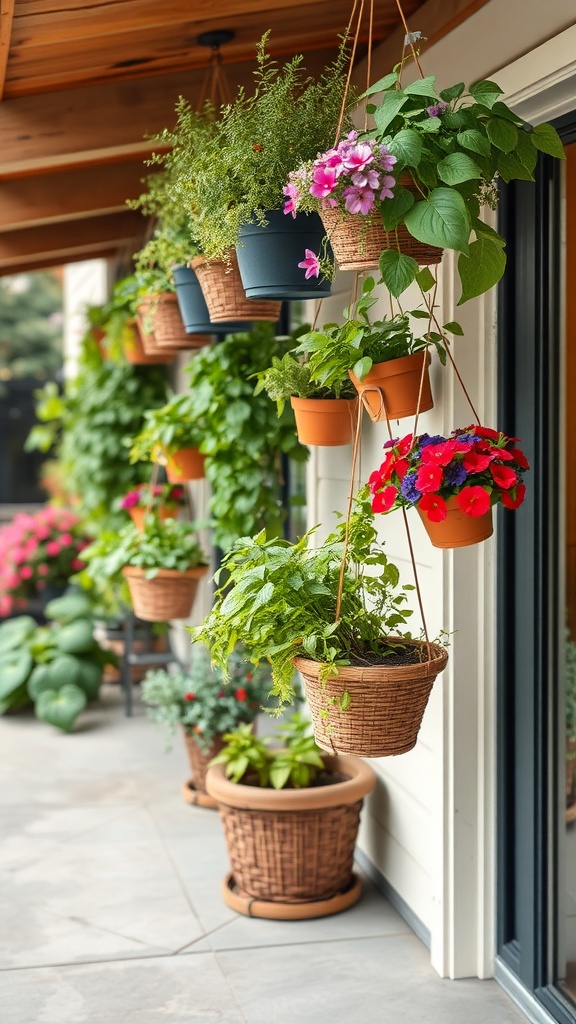 A collection of colorful hanging garden baskets filled with flowers and plants, creating a lively outdoor space.
