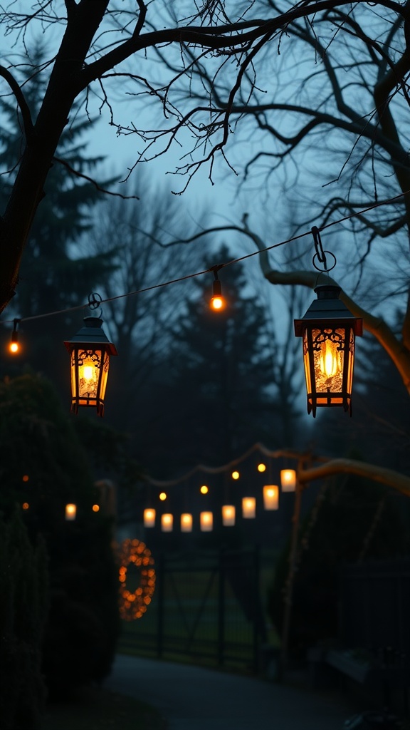Hanging lanterns in a gothic garden, illuminated against a dark evening backdrop.