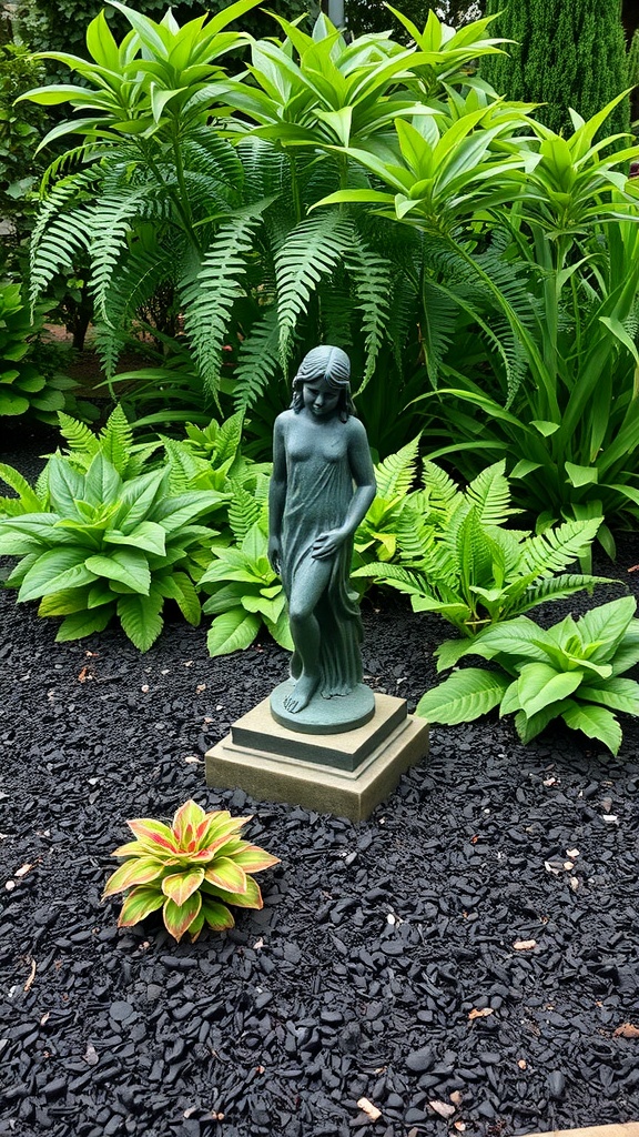 A garden statue surrounded by green plants and black mulch.