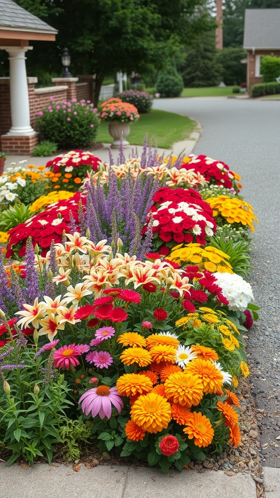 Colorful driveway garden with various blooming flowers in reds, yellows, and pinks.