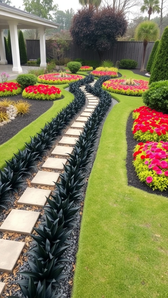 A landscaped garden featuring a winding pathway bordered by black plants and vibrant flower beds.