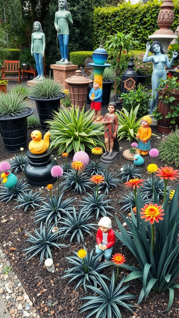 A colorful garden featuring black plants alongside various decorative garden art, including cheerful sculptures and bright flowers.