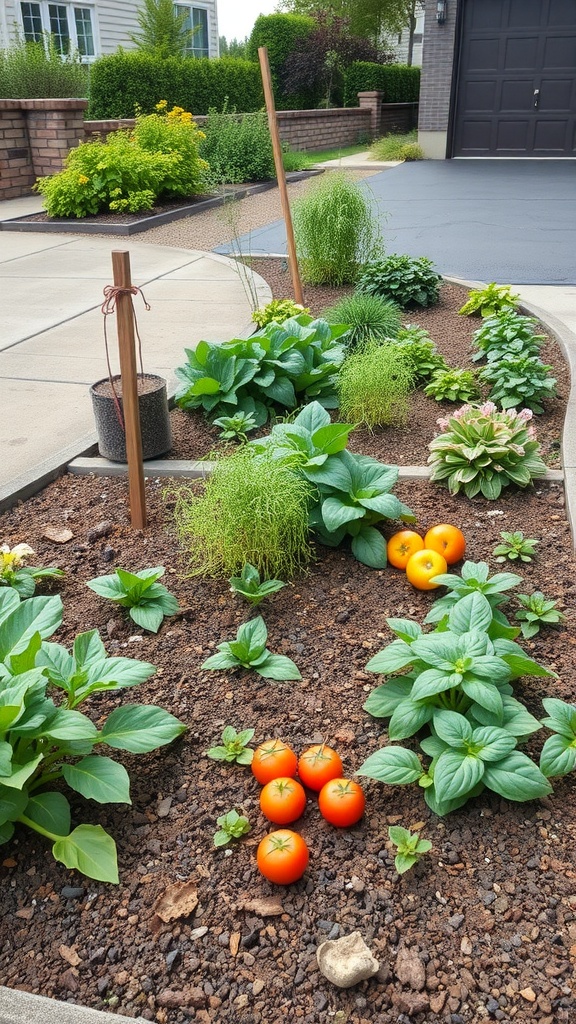 A garden bed featuring tomato plants and other green plants, showcasing a blend of edible and decorative gardening.