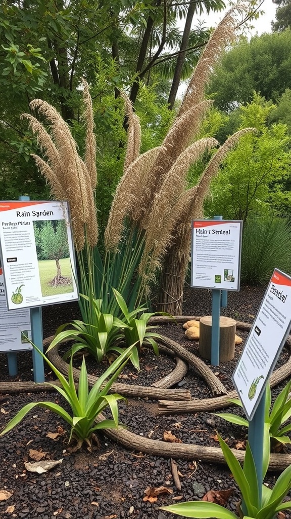 An image of a rain garden with educational signage and various plants.