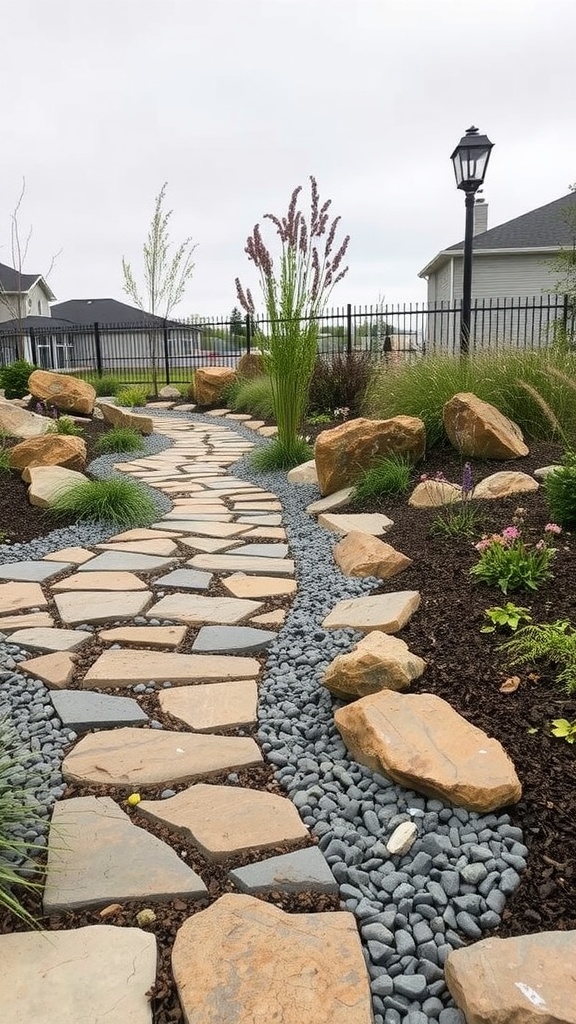 A beautifully designed rain garden featuring a stone pathway, large rocks, and greenery.
