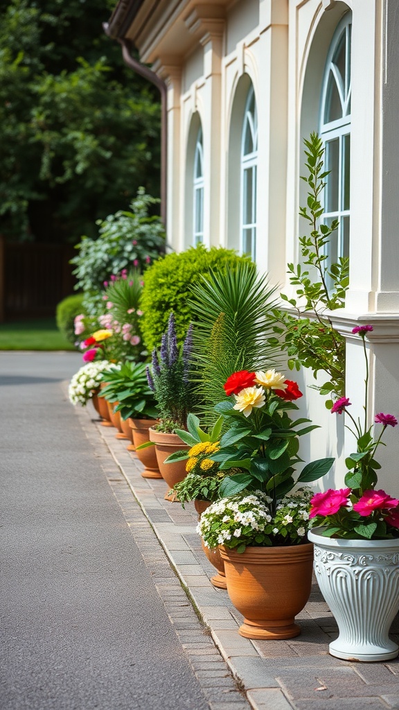 A row of colorful potted plants lining a driveway, showcasing various flowers and greenery.