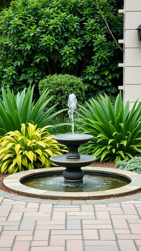 A serene fountain surrounded by lush green plants in a driveway garden