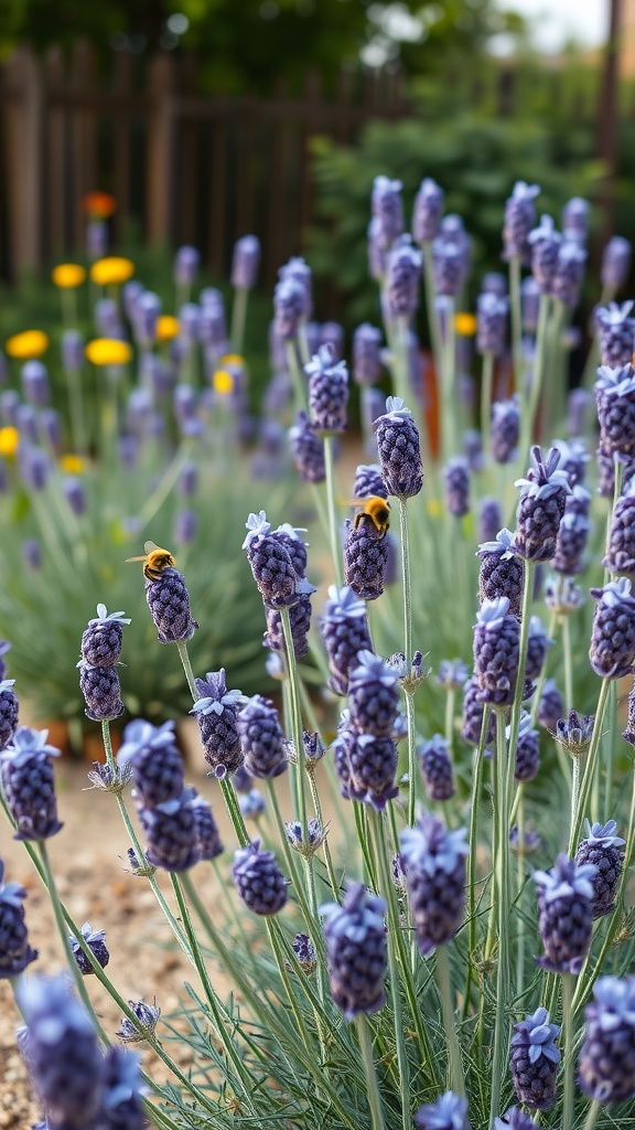 A close-up of lavender flowers with bees gathering nectar, illustrating a vibrant wildlife habitat.