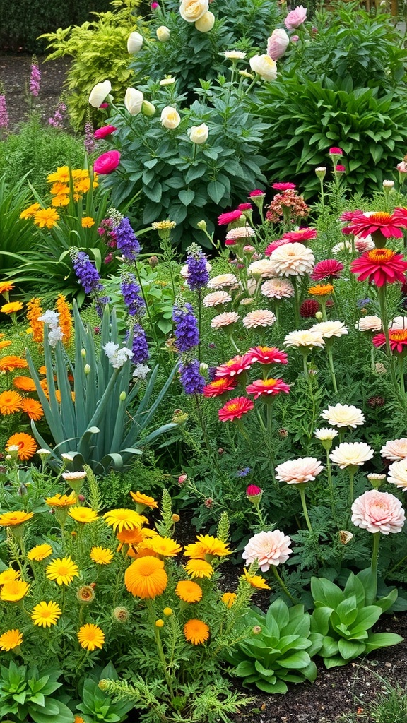 A colorful layered perennial garden featuring yellow daisies, pink zinnias, peonies, and delphiniums.