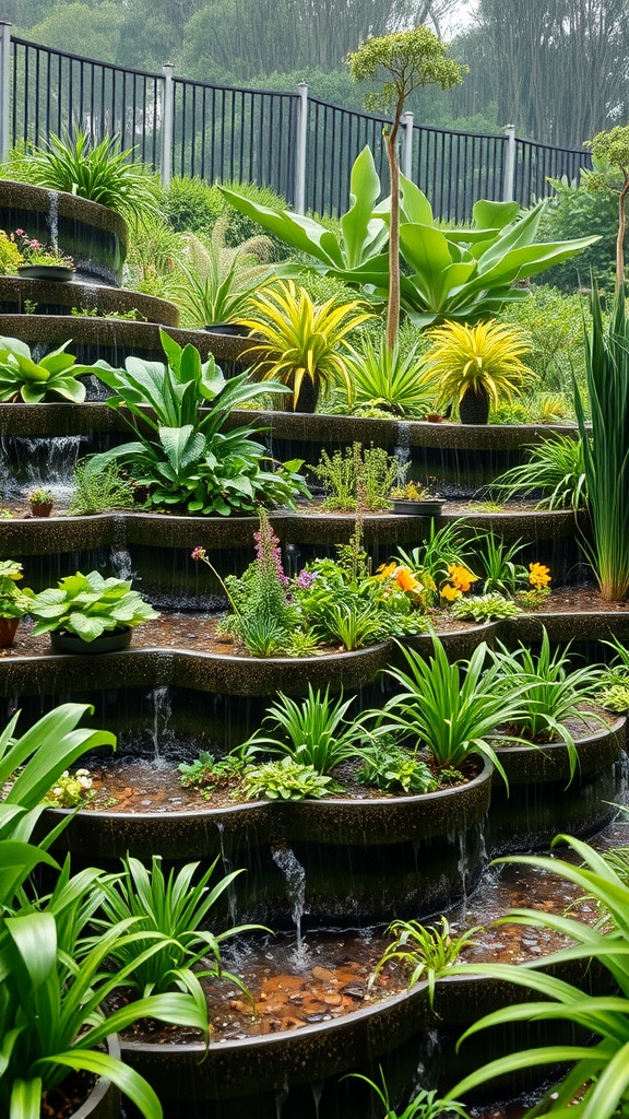 A tiered rain garden with a variety of plants in different colors and textures, showcasing layered planting.