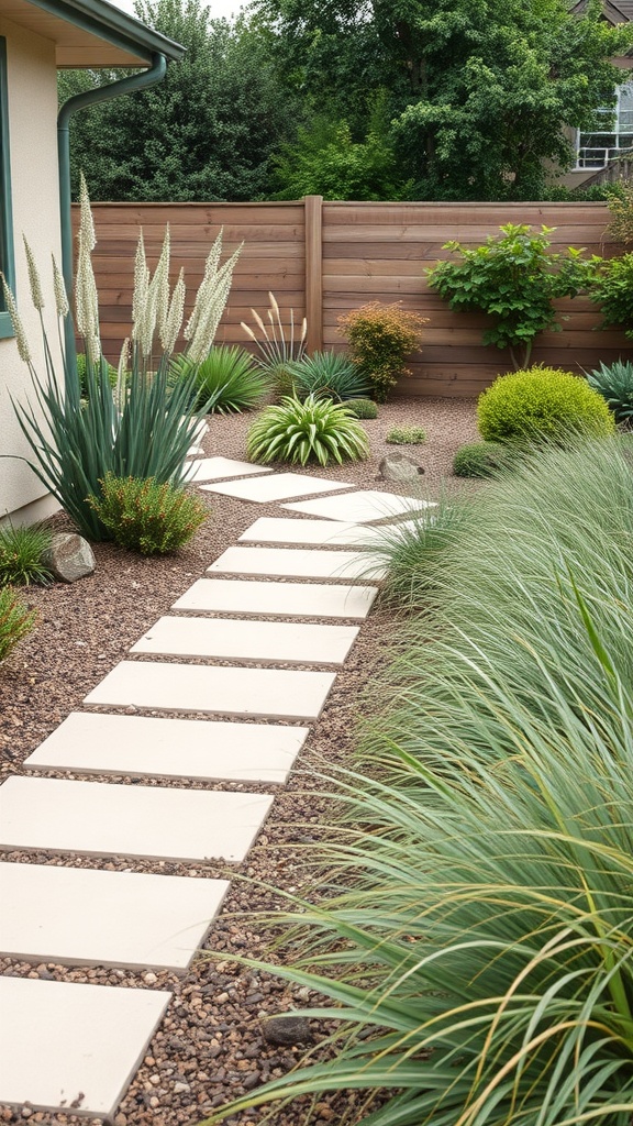 A low-maintenance garden path with stepping stones, surrounded by various perennials and ornamental grasses.