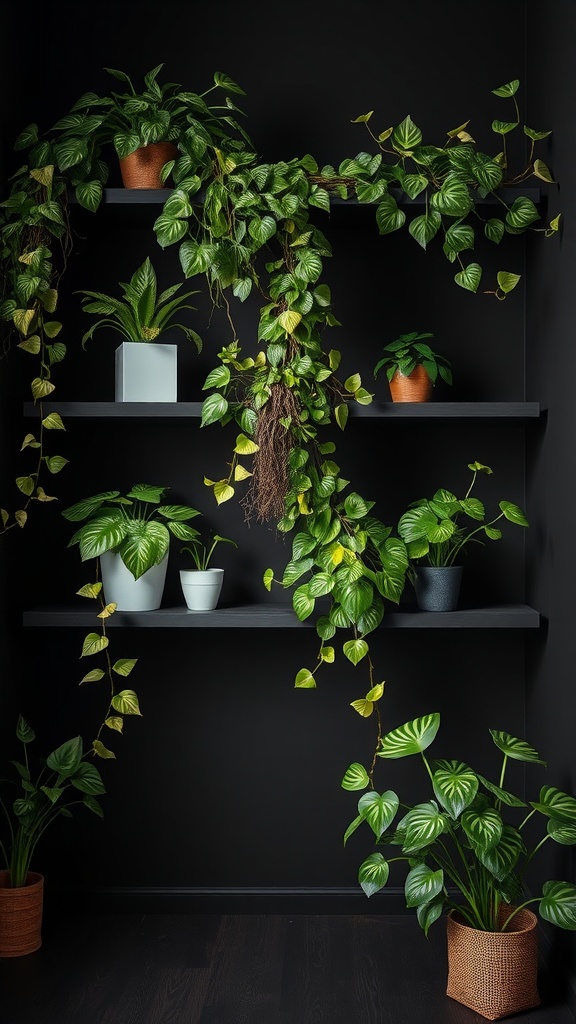 A collection of lush Pothos plants trailing down black shelves in a stylish indoor setting.