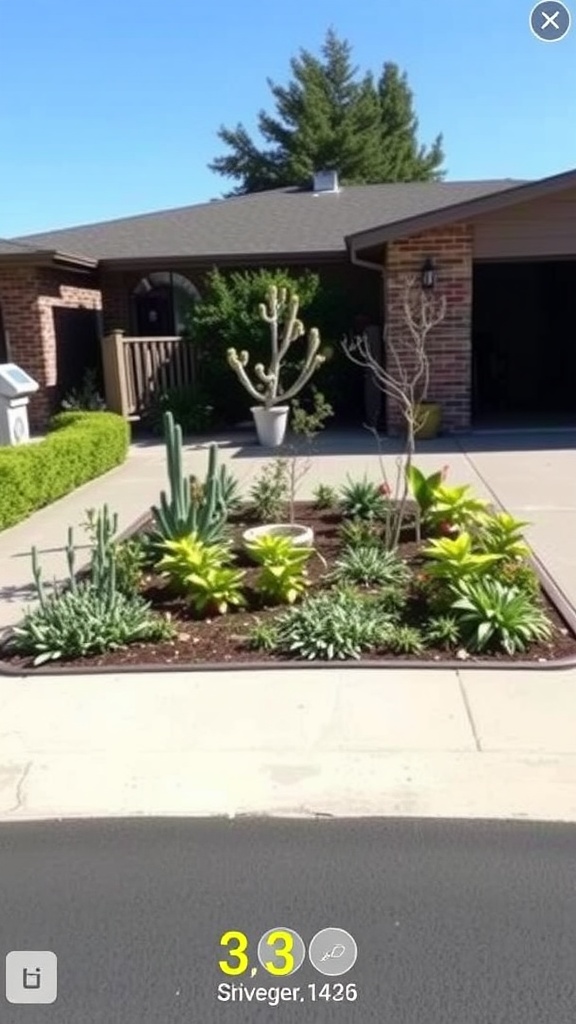 A small driveway garden featuring succulents and cacti arranged neatly along the driveway.