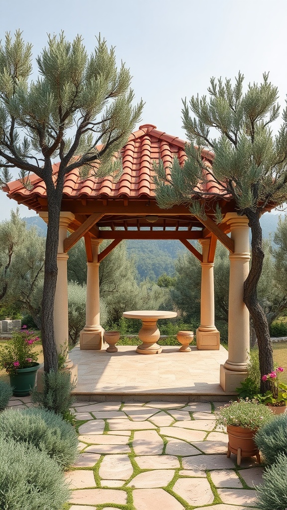 Mediterranean-inspired gazebo with a red-tiled roof and surrounding greenery
