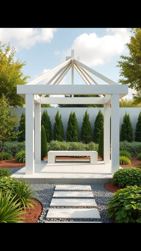 A modern minimalist gazebo in a garden with greenery and pebble pathways.