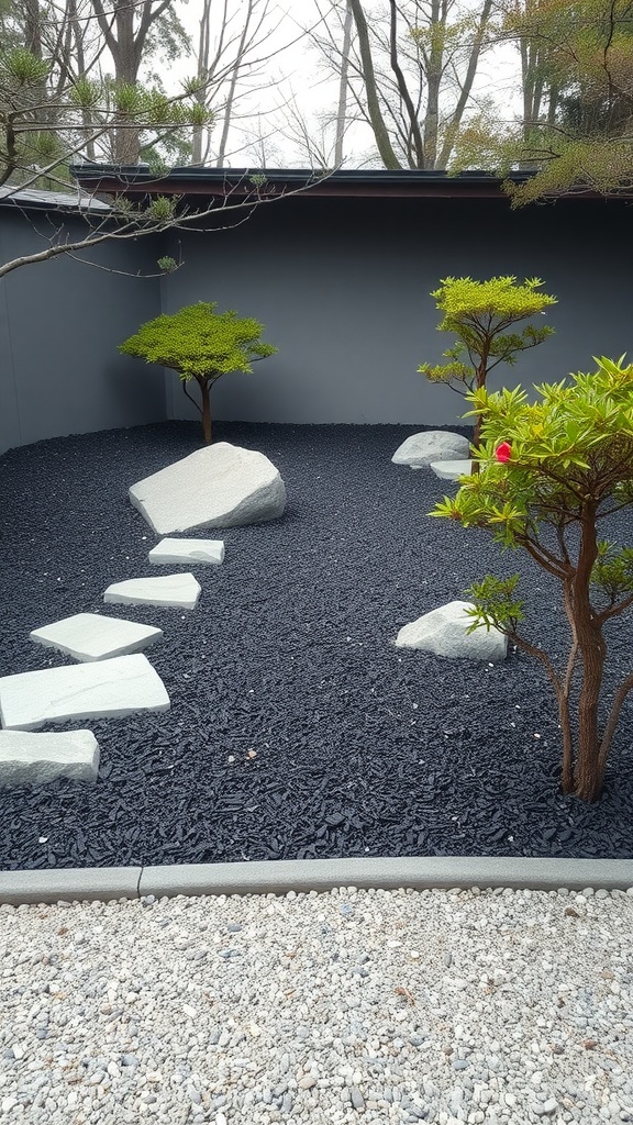 A modern Zen garden featuring black mulch, decorative stones, and small trees.