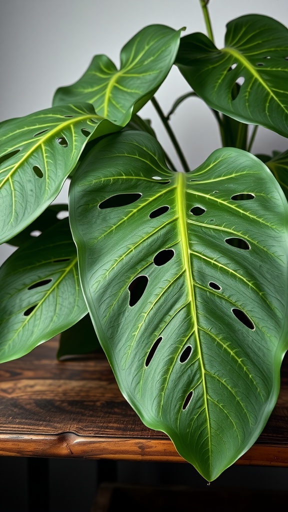 Close-up of Monstera Adansonii leaves showing holes and vibrant green color.