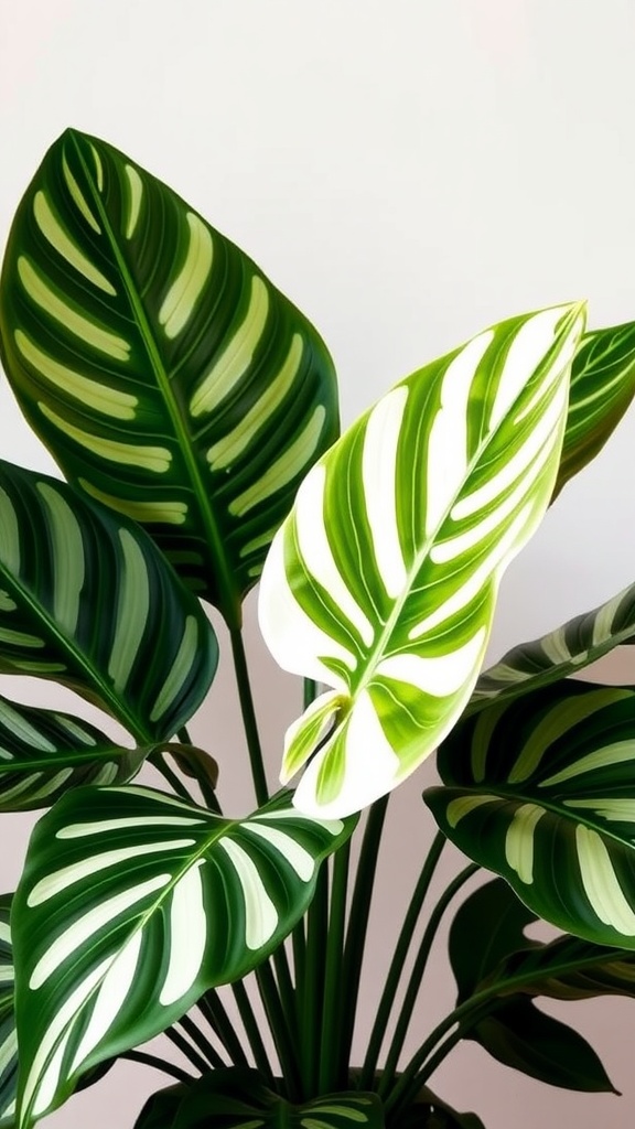 A close-up of Monstera Albo Variegata leaves showcasing their variegated white and green patterns.