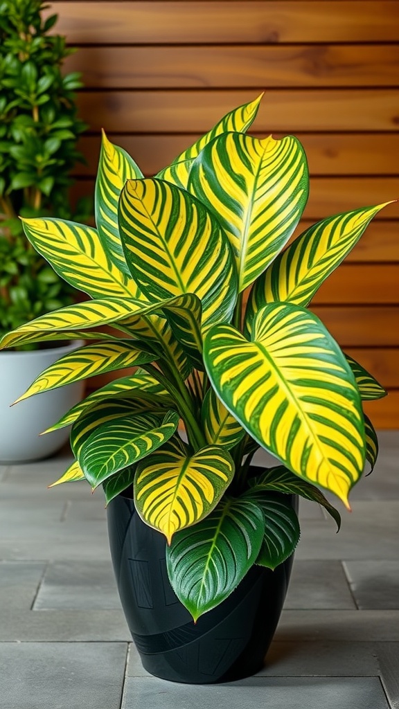 A vibrant Monstera Aurea plant with yellow and green leaves in a black pot.