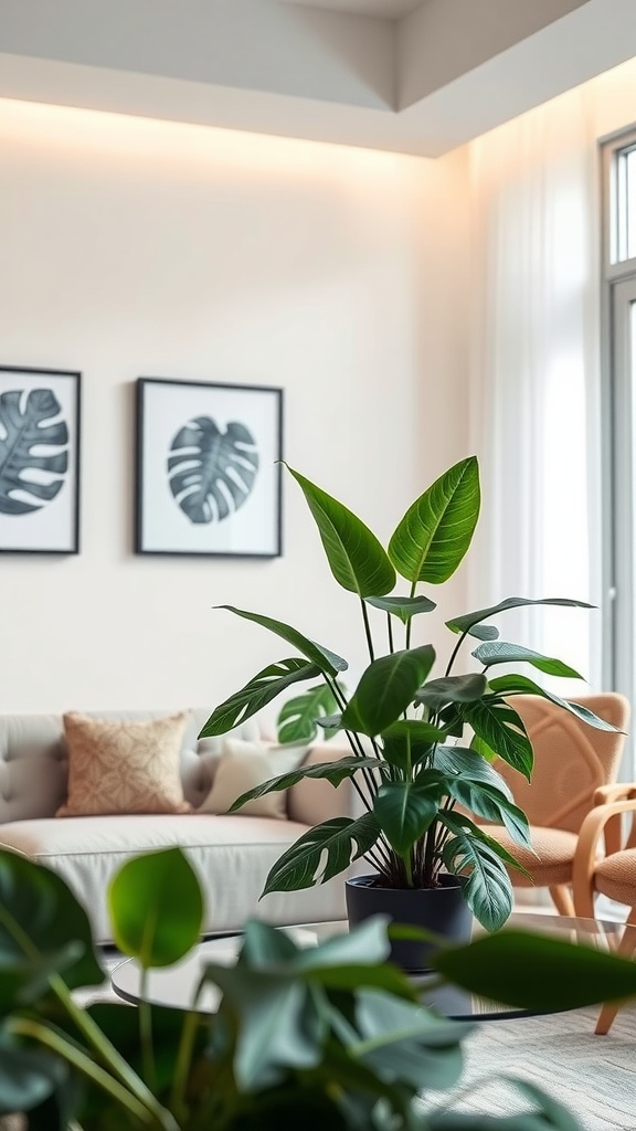 A healthy Monstera Borsigiana plant with split leaves in a modern living room, complementing the decor.