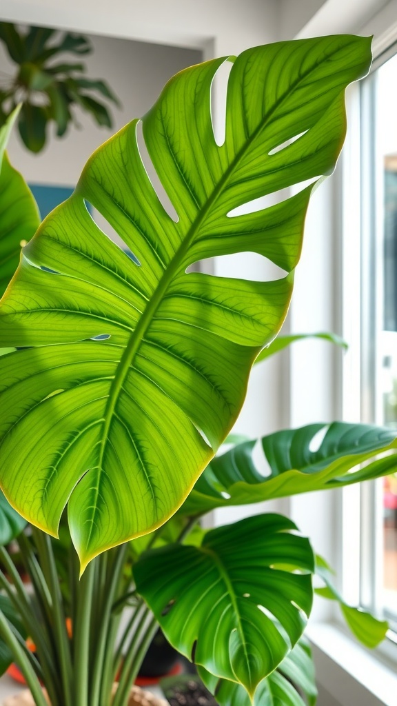 Close-up view of a Monstera Deliciosa leaf showing its characteristic splits and glossy green color.