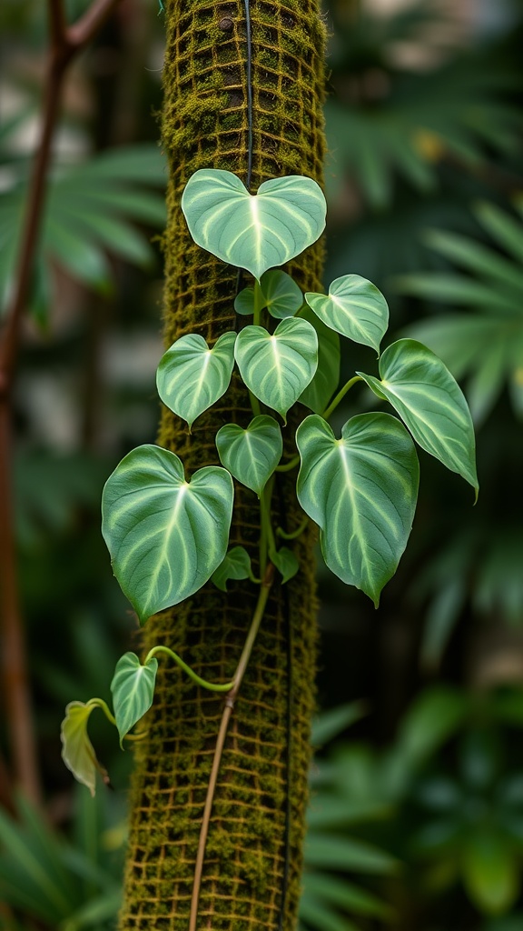 Monstera Dubia climbing a moss pole with heart-shaped leaves