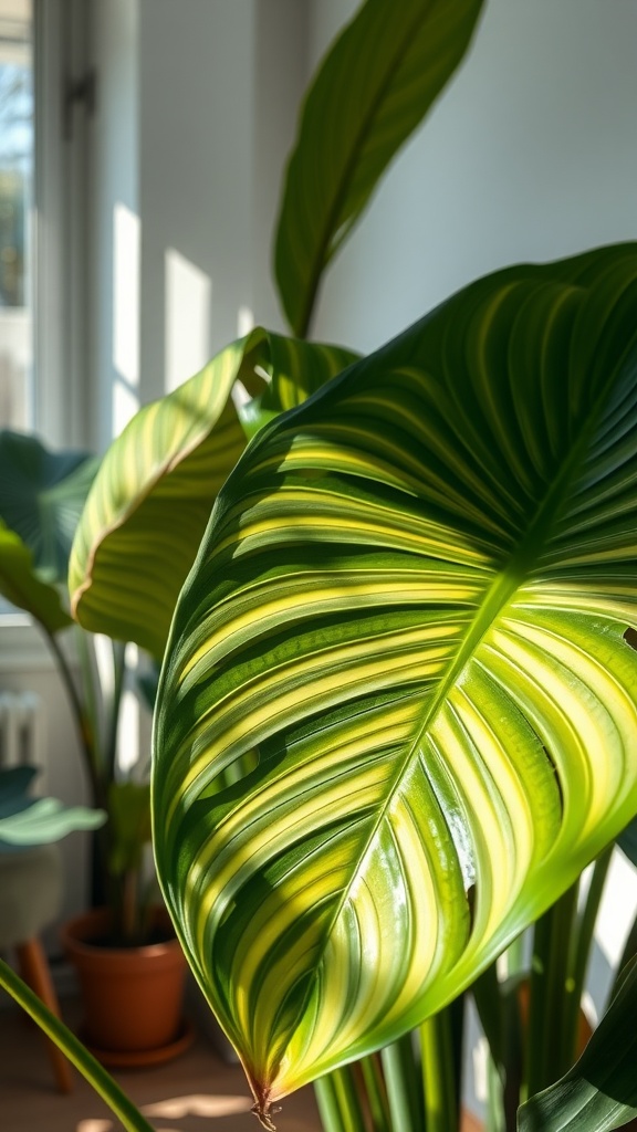 Close-up of Monstera Friedrichsthalii leaves showcasing vibrant green and yellow patterns.
