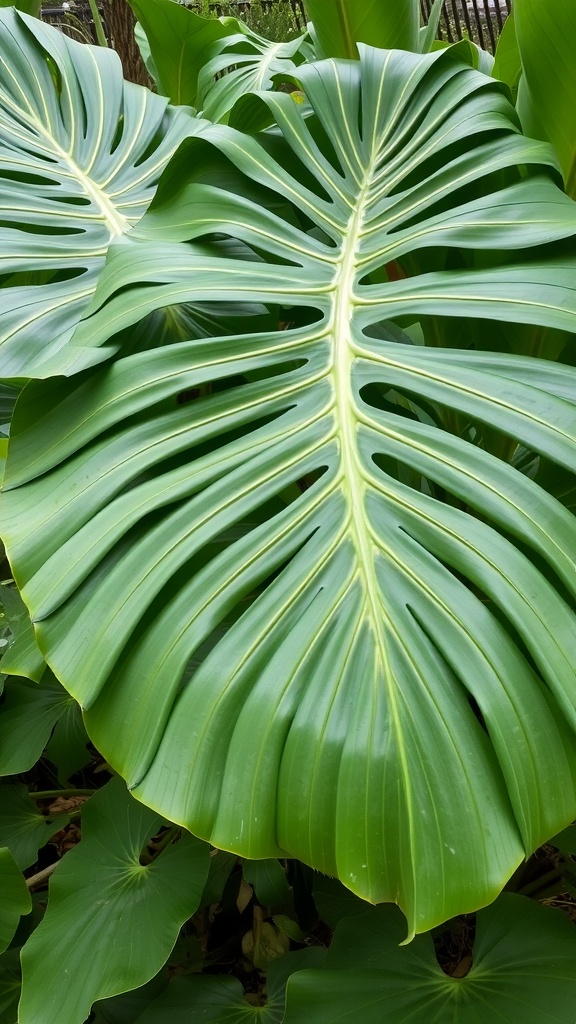 Close-up of large, green Monstera Pinnatipartita leaves with prominent veins.