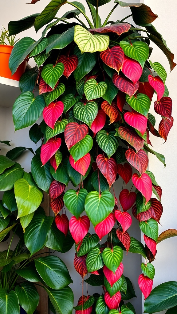 A thriving Monstera Siltapecana plant displaying vibrant red, pink, and green heart-shaped leaves, cascading down from its pot.