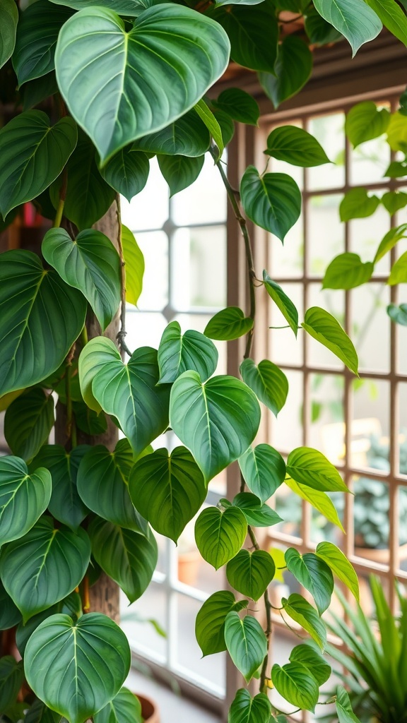 A vibrant Monstera Siltepecana plant with heart-shaped leaves, gracefully vining against a backdrop of windows.